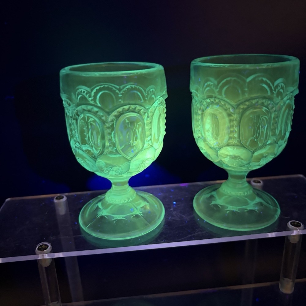 Vintage LE Smith Moon & Stars Peacock Blue Cordial Set of 2 Pedestal Goblet UV +